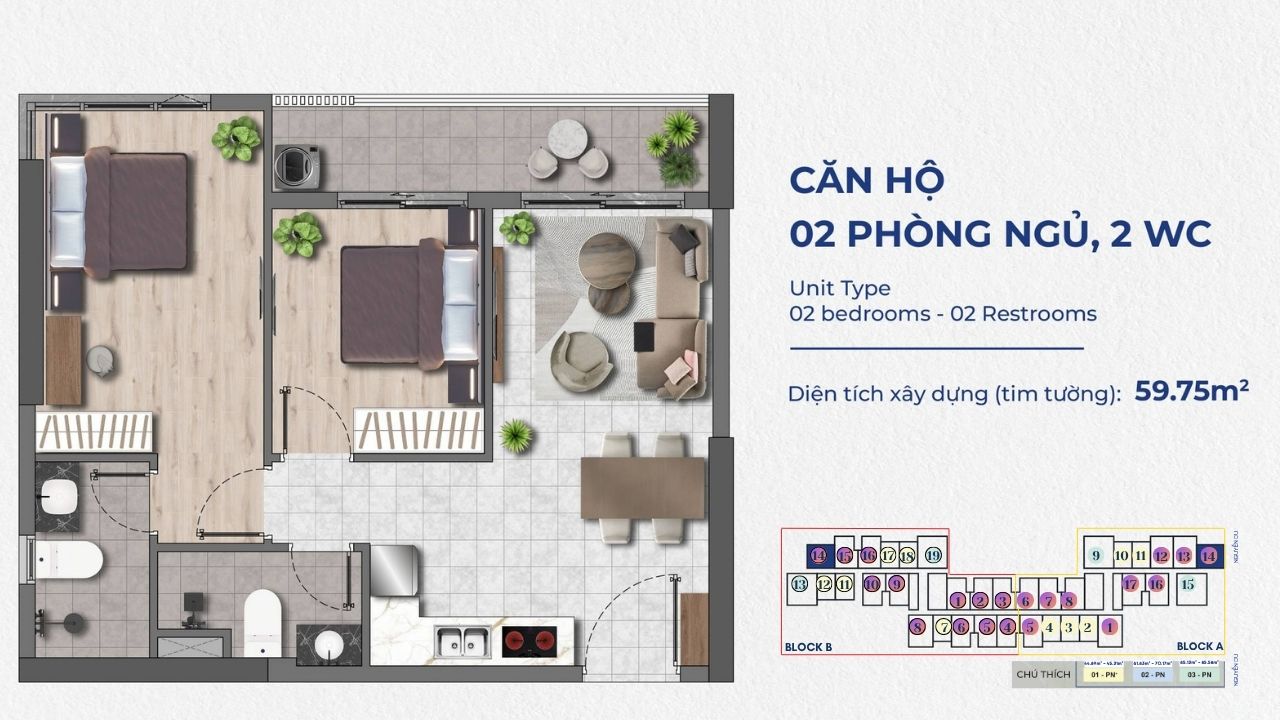Thiết kế căn hộ The Felix Thuận An Loại 2PN – 2WC – 59.75m2