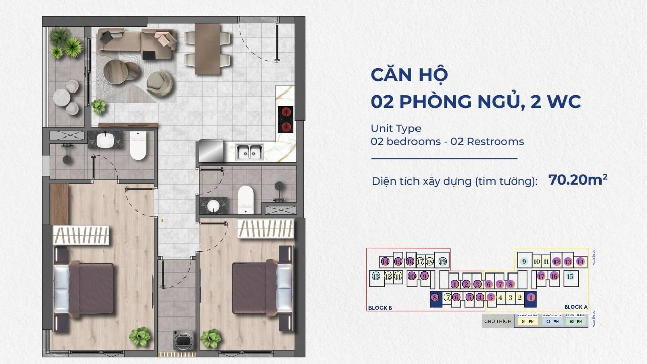 Thiết kế căn hộ The Felix Thuận An Loại 2PN – 2WC – 70.20m2