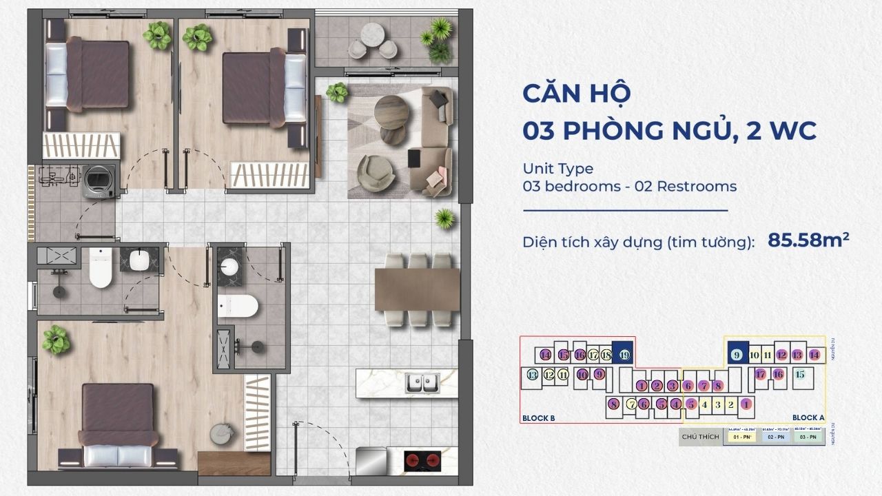 Thiết kế căn hộ The Felix Thuận An Loại 3PN – 2WC – 85.58m2