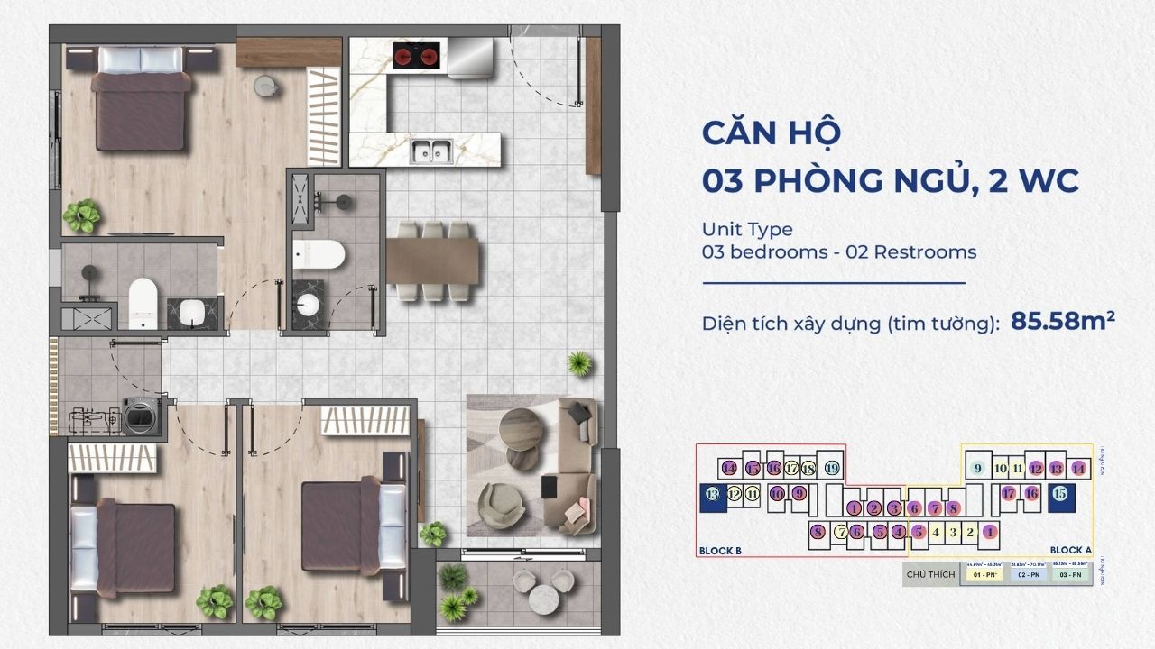 Thiết kế căn hộ The Felix Thuận An Loại 3PN – 2WC – 85.58m2