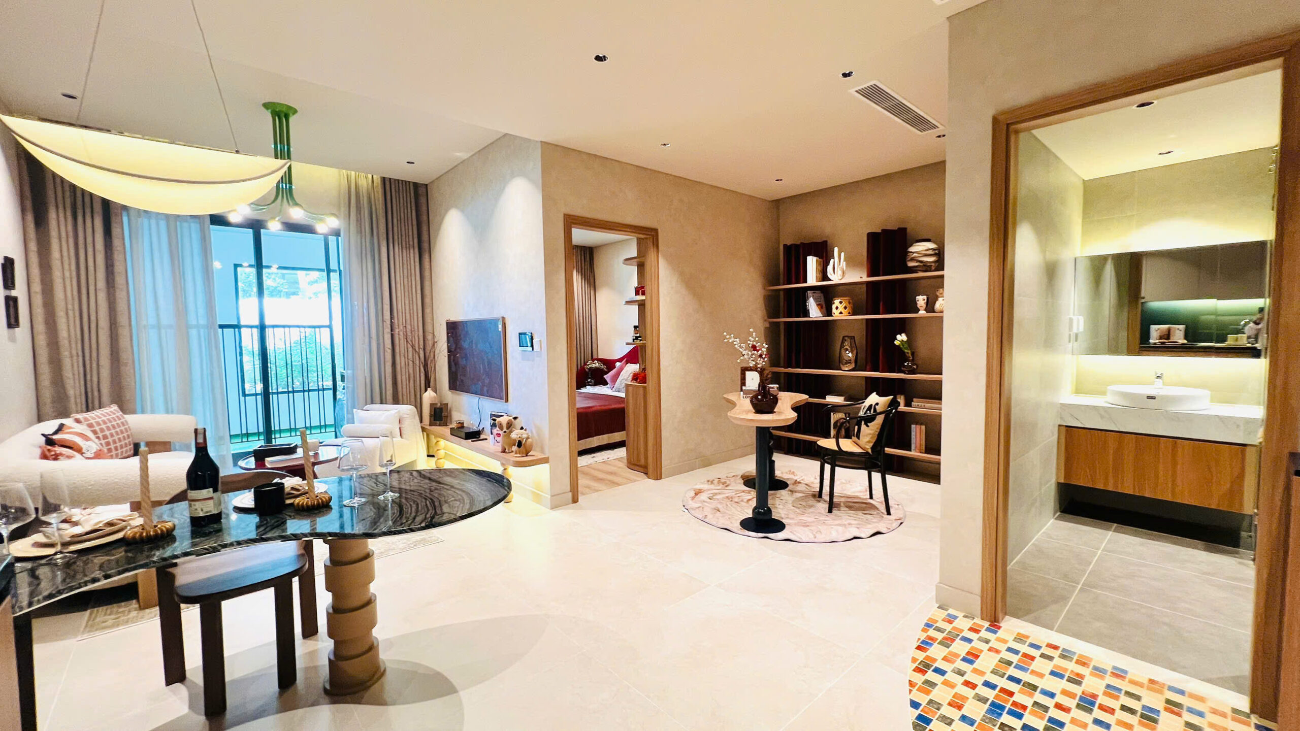 Thiết kế phòng khách nhà mẫu căn hộ 2PN The Felix Thuận An 61.85m²