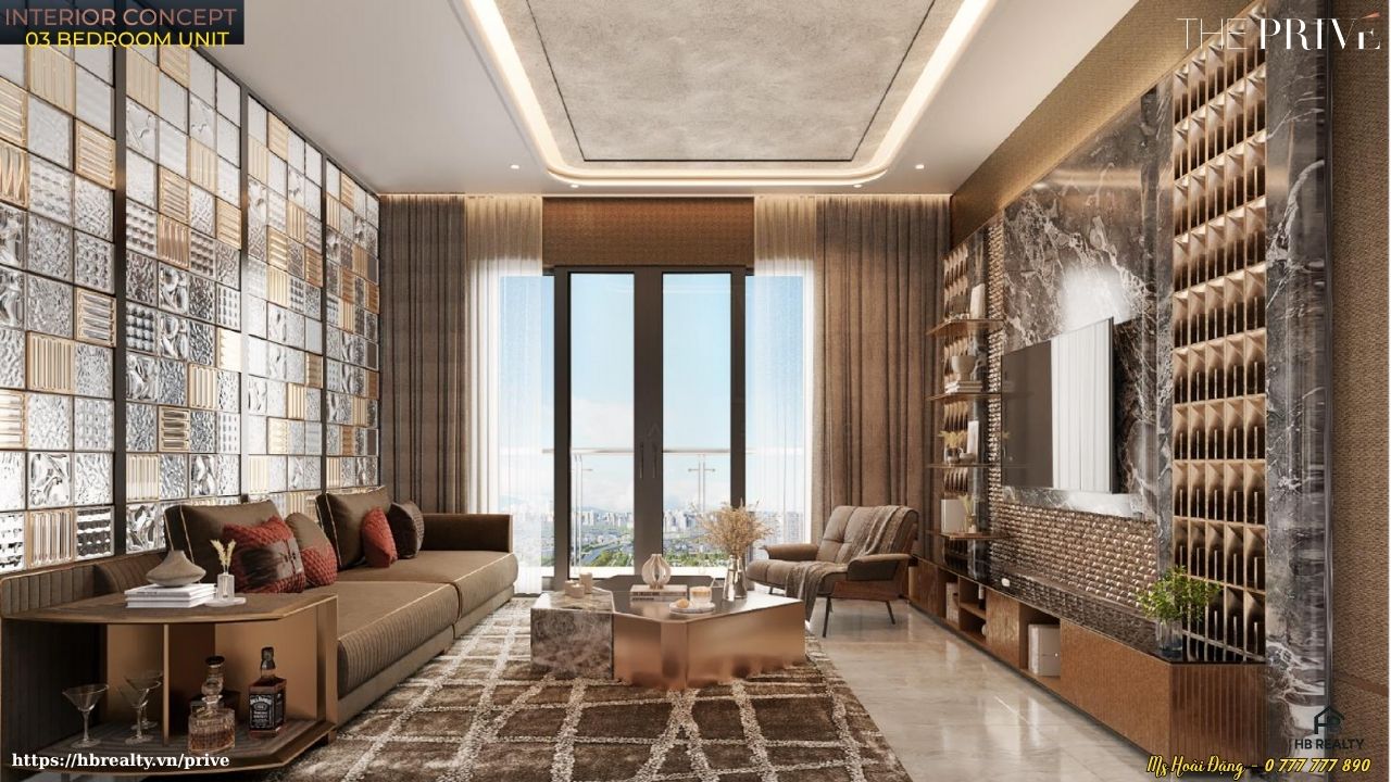 Nhà mẫu căn hộ The Privé loại 3PN – 2WC – 98m² – Thiết Kế Bếp & Phòng Khách