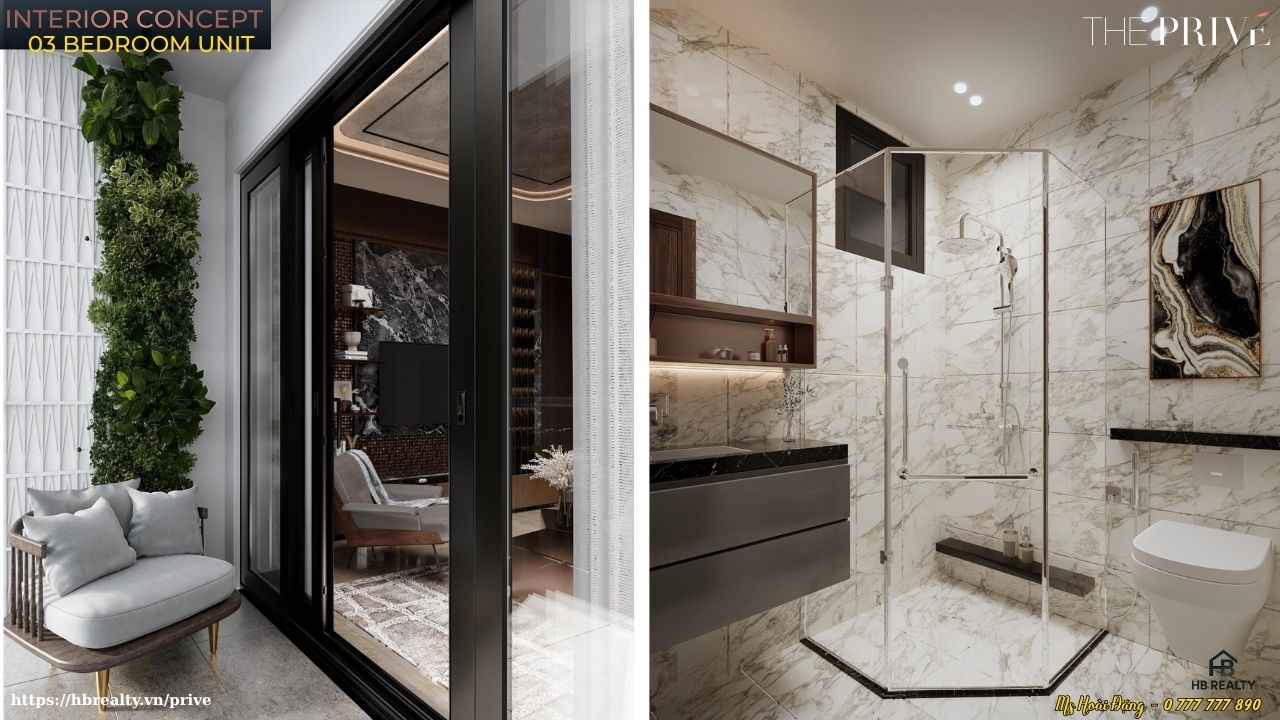 Nhà mẫu căn hộ The Privé loại 3PN – 2WC – 98m² – Thiết Kế Phòng Bancony & WC