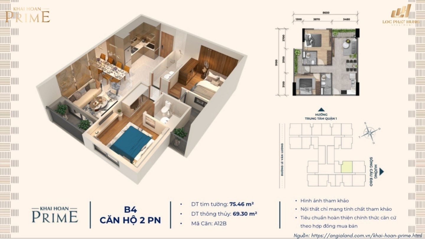 Thiết kế căn hộ chung cư Khải Hoàn Prime Nhà Bè – Loại 2PN 63.55m2