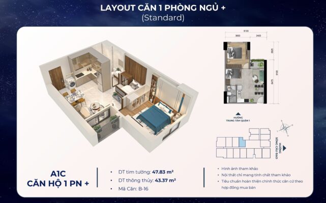Thiết kế căn hộ chung cư 01 Phòng ngủ Khải Hoàn Prime Nhà Bè