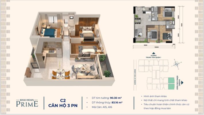 Thiết kế căn hộ chung cư Khải Hoàn Prime Nhà Bè – Loại 3PN